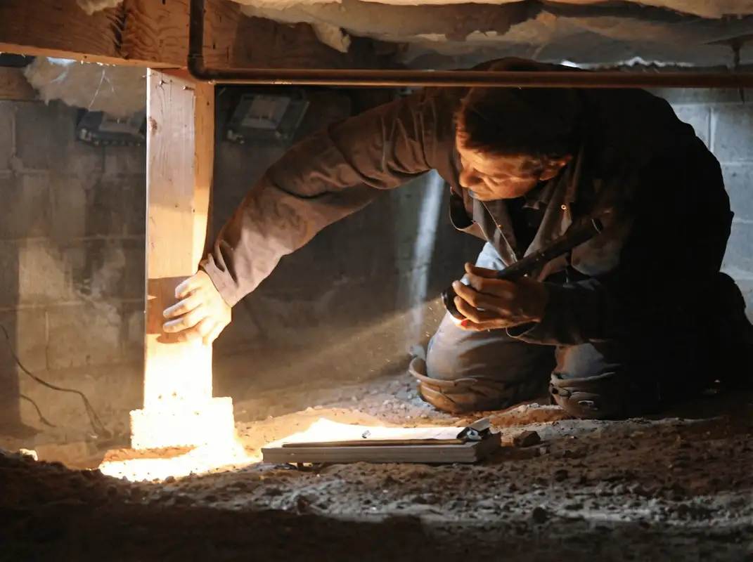 A professional inspecting wooden beams under the floor of a structure in Worcester, MA