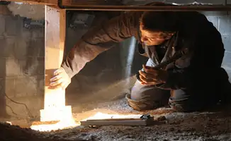 A professional inspecting wooden beams under the floor of a structure in Worcester, MA